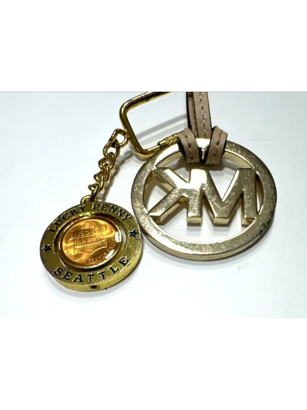 Michael Kors MK Monogram with Penny Logo Bag Charm Key Fob Gold with Tan Leather